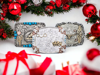 Three custom buckles with Christmas background